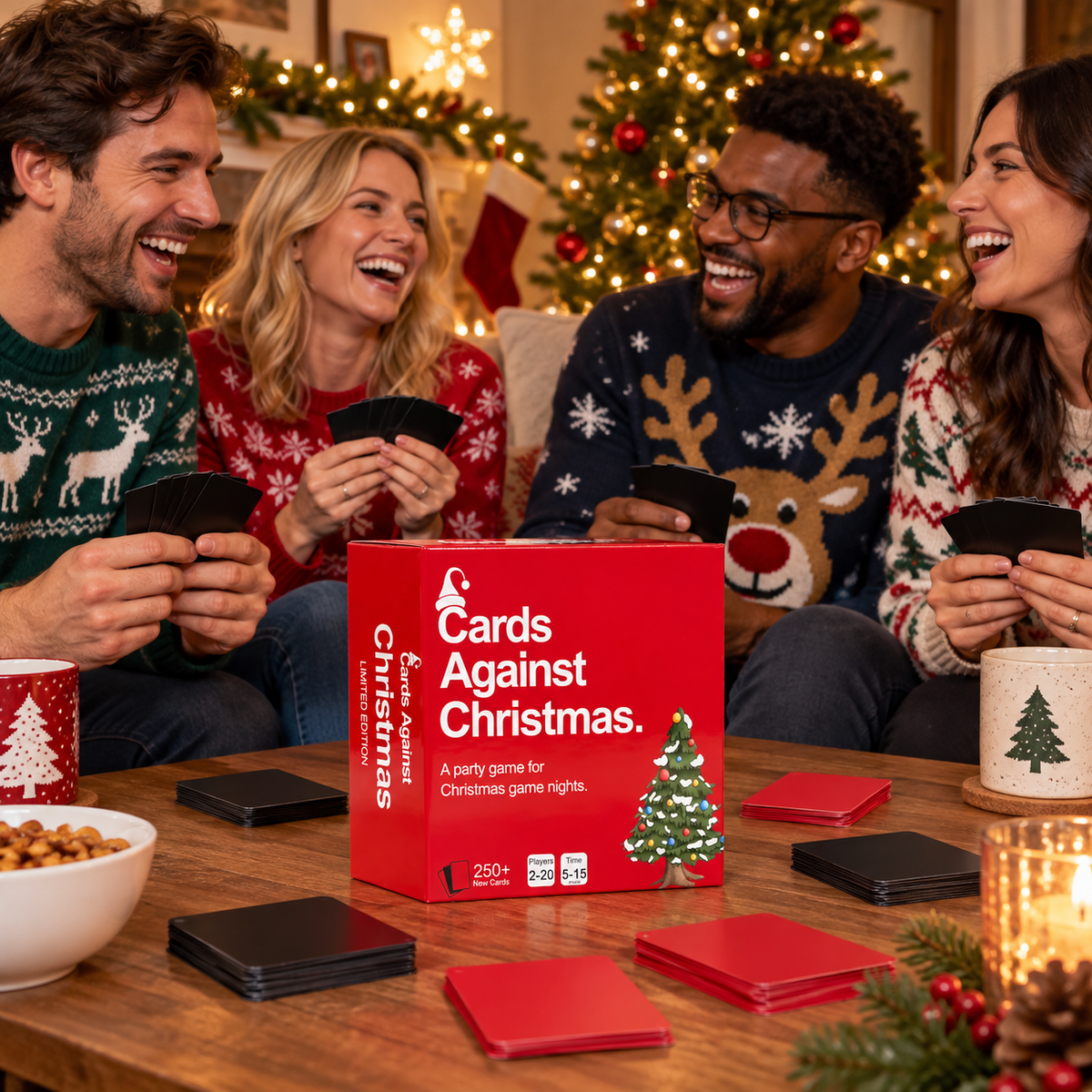 Friends laughing over a card game at a Christmas party