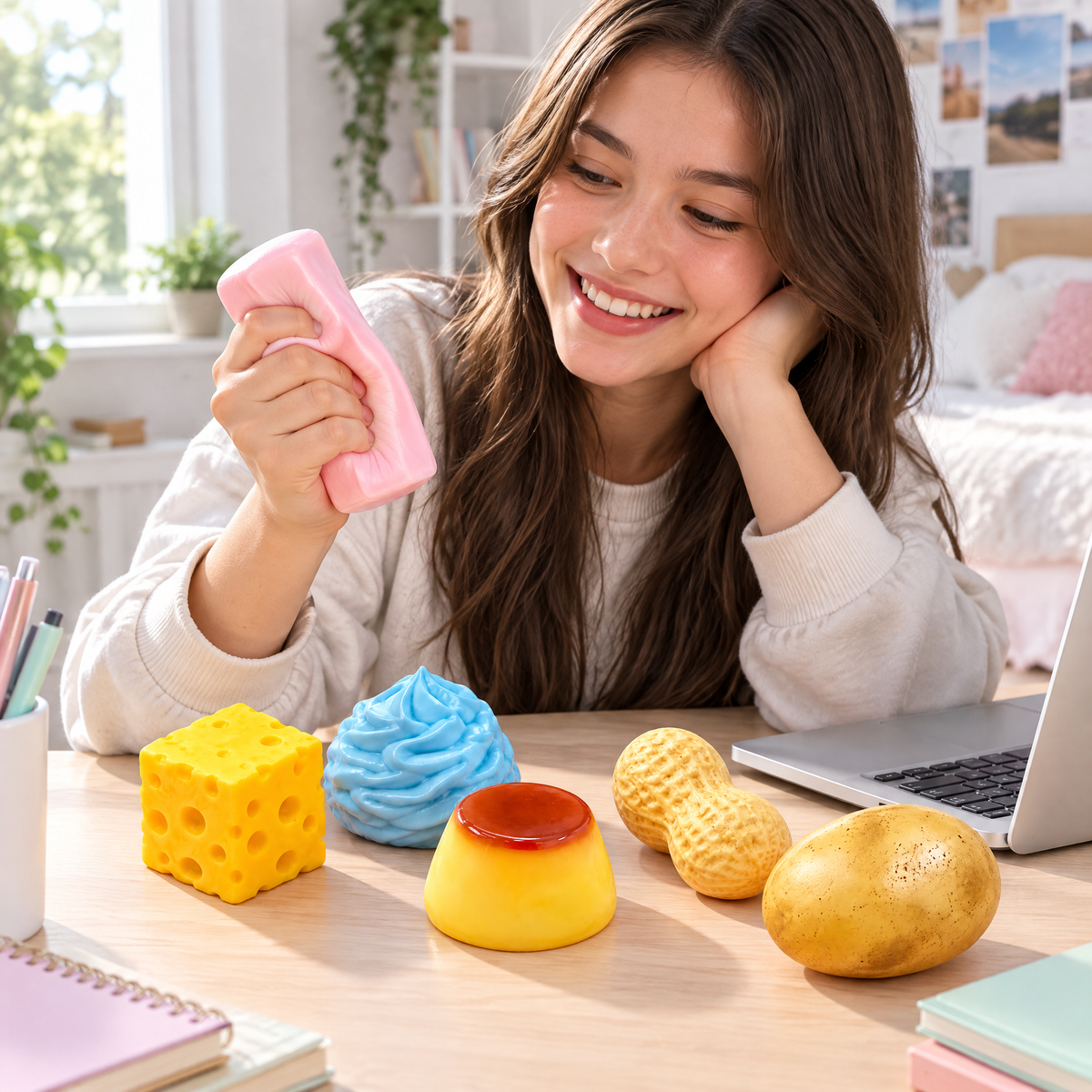 Teen squeezing a SnackSquish butter stick at a desk