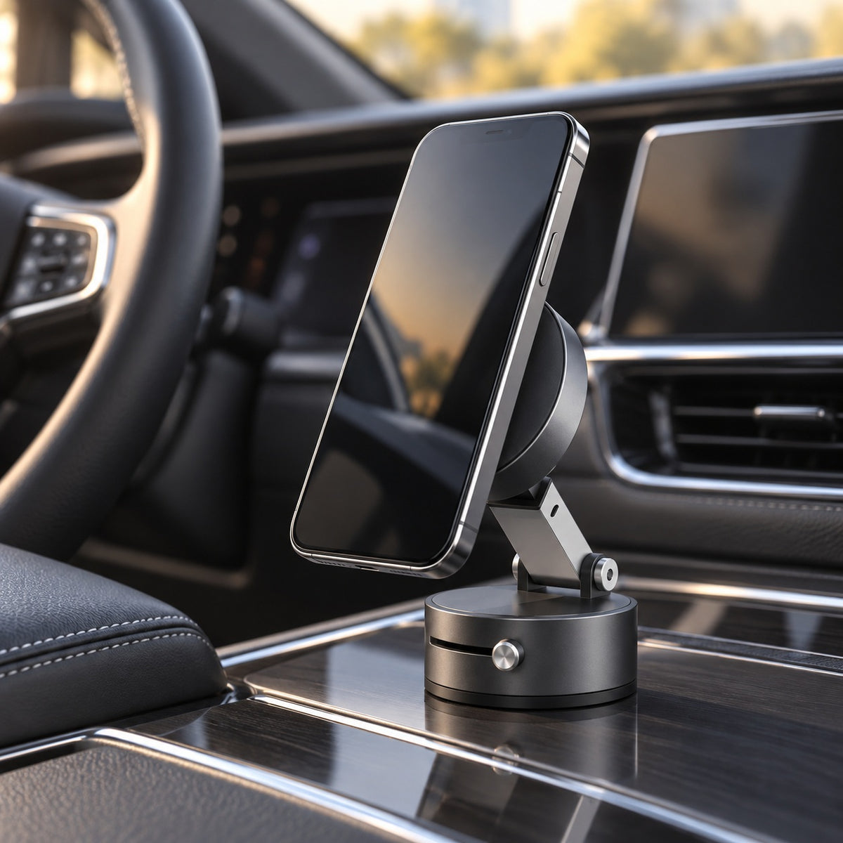 Snapway car — Black mount supporting a phone in a generated parked-car scene