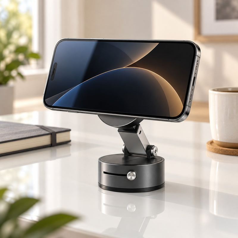Snapway desk — Black mount holding a landscape phone on a desk in a generated scene