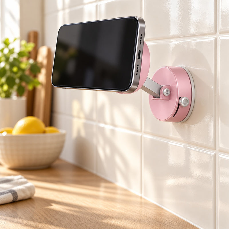 Snapway wall — Pink mount supporting a phone on smooth kitchen tile in a generated scene