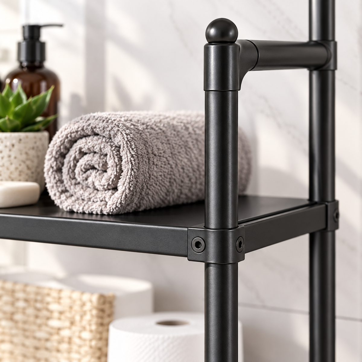 Close-up of the StackWell black metal frame and shelf