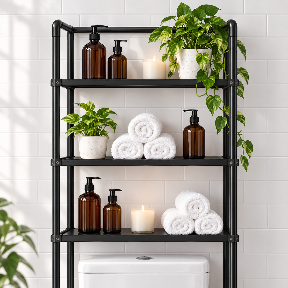 StackWell shelves holding towels, plants and toiletries