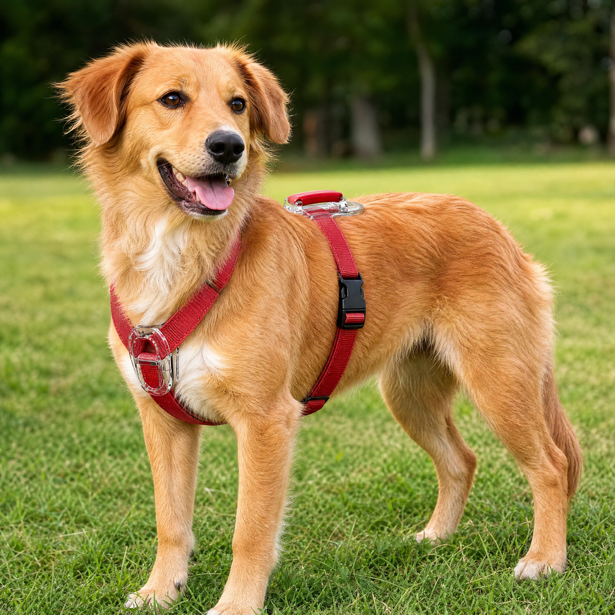 Dog wearing a buckled StrideFit harness