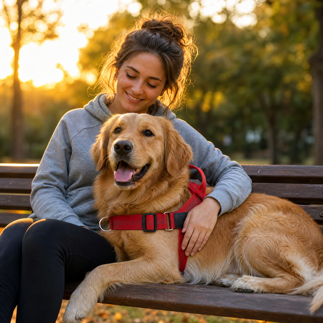 Owner hugging dog wearing StrideFit harness on a bench