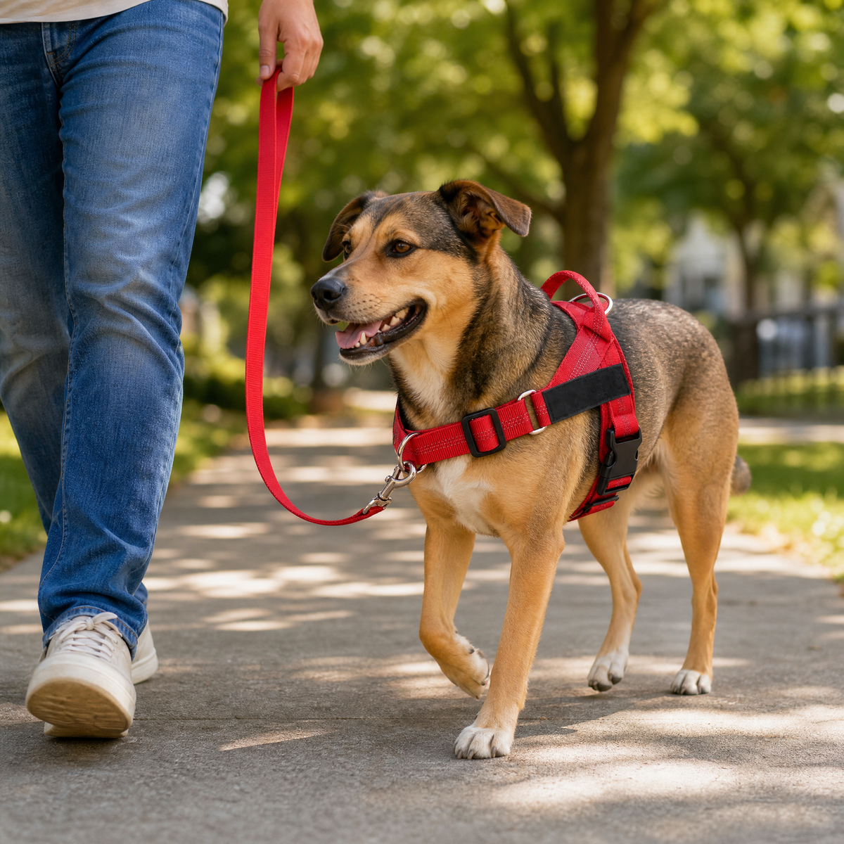 Dog walking calmly in a red StrideFit harness
