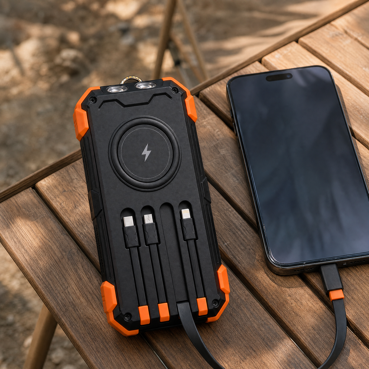 SunVault charging a phone on a camp table