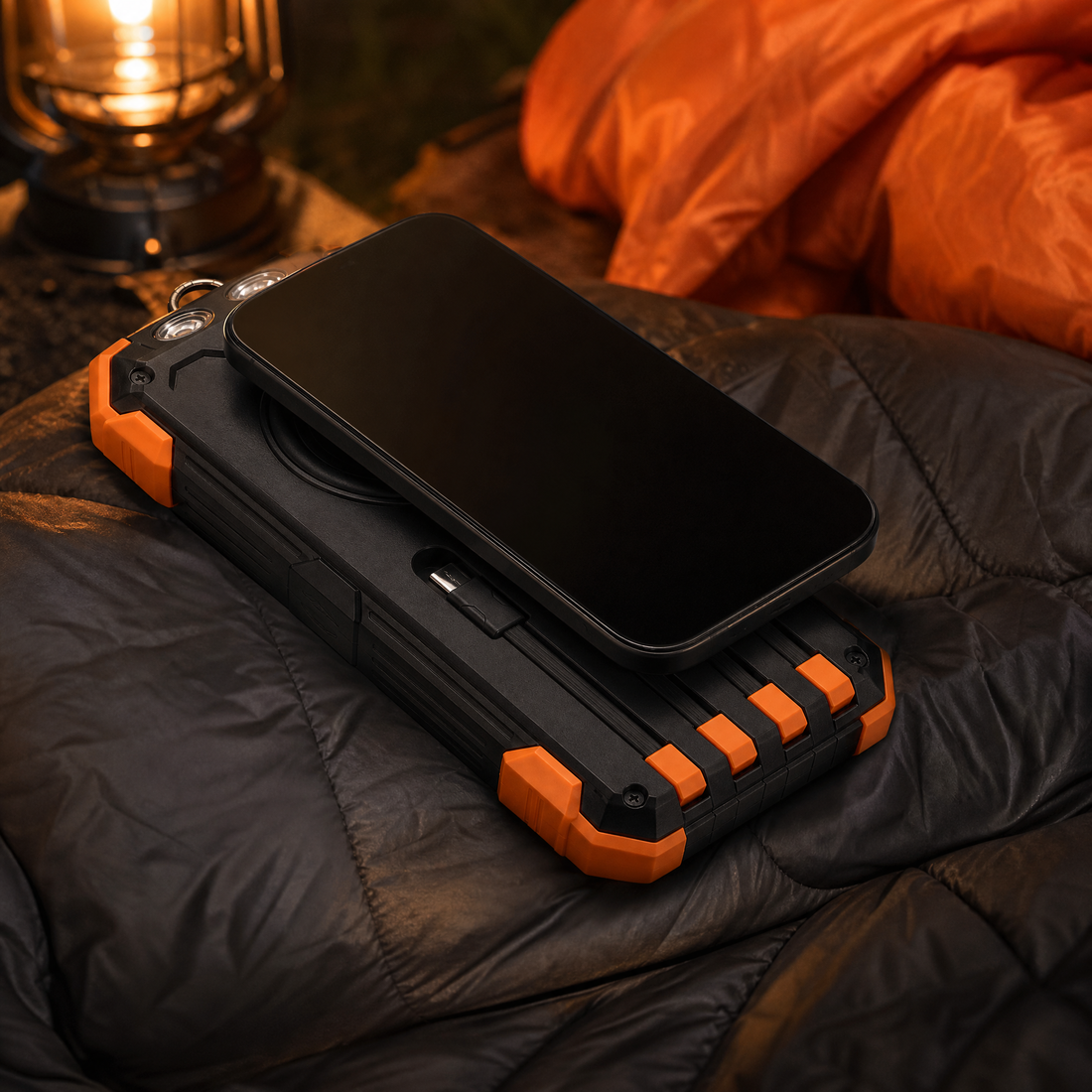 SunVault flashlight glowing inside a tent