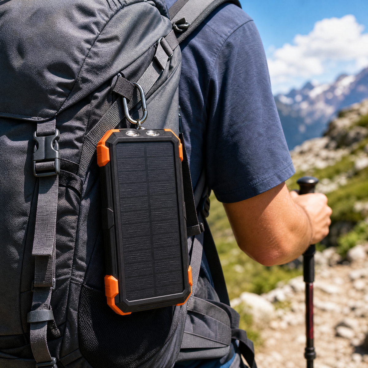 SunVault power bank clipped to a hiking backpack