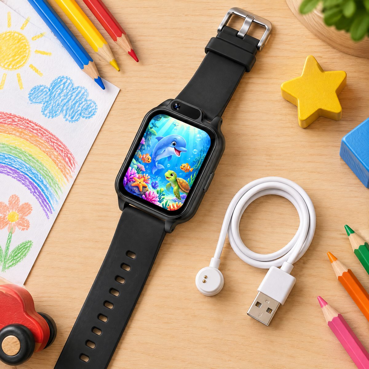 TinyTick watch with its charging cable on a desk
