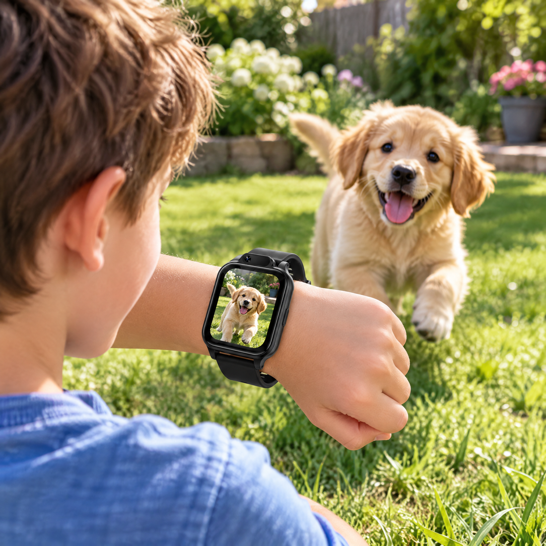 Child taking a photo of a dog with the TinyTick watch