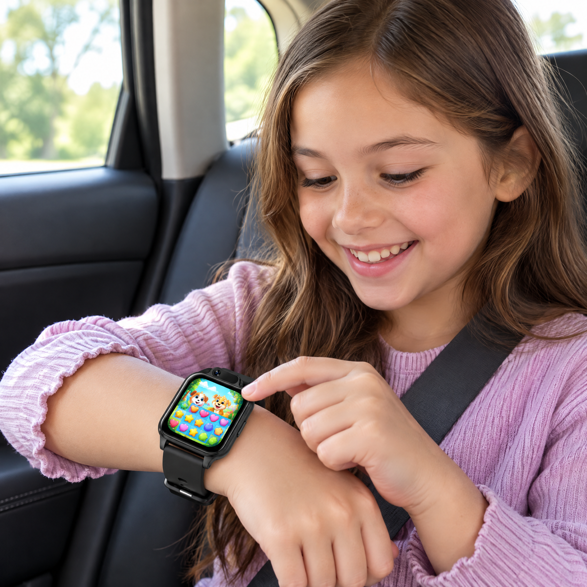 Child playing a game on the TinyTick watch in the back seat of a car