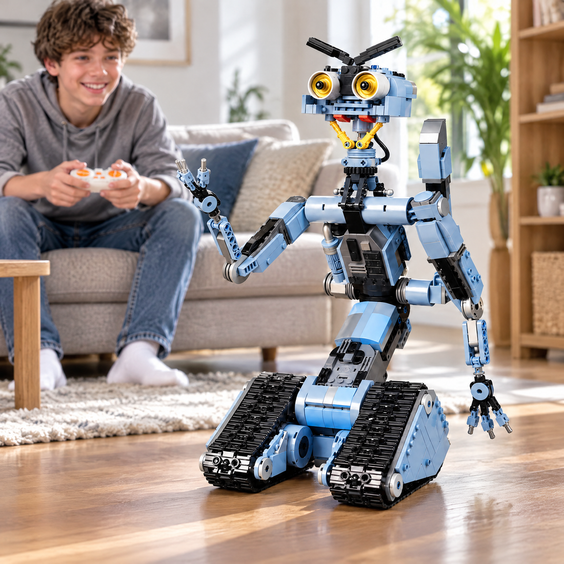 Driving the finished TrackBot robot with the remote