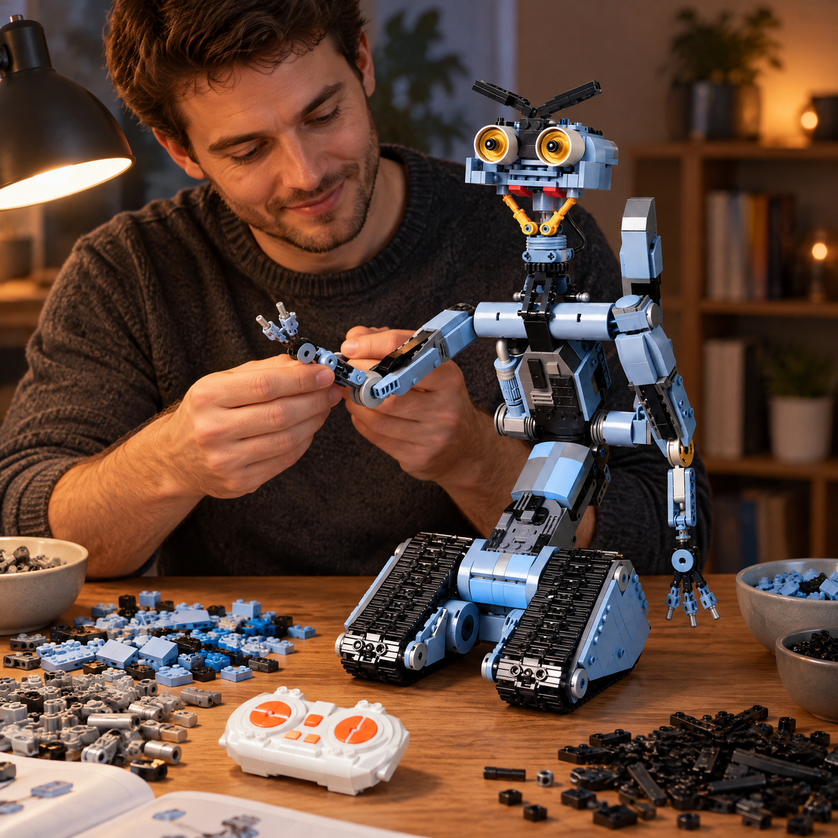 Adult building the TrackBot robot at a table