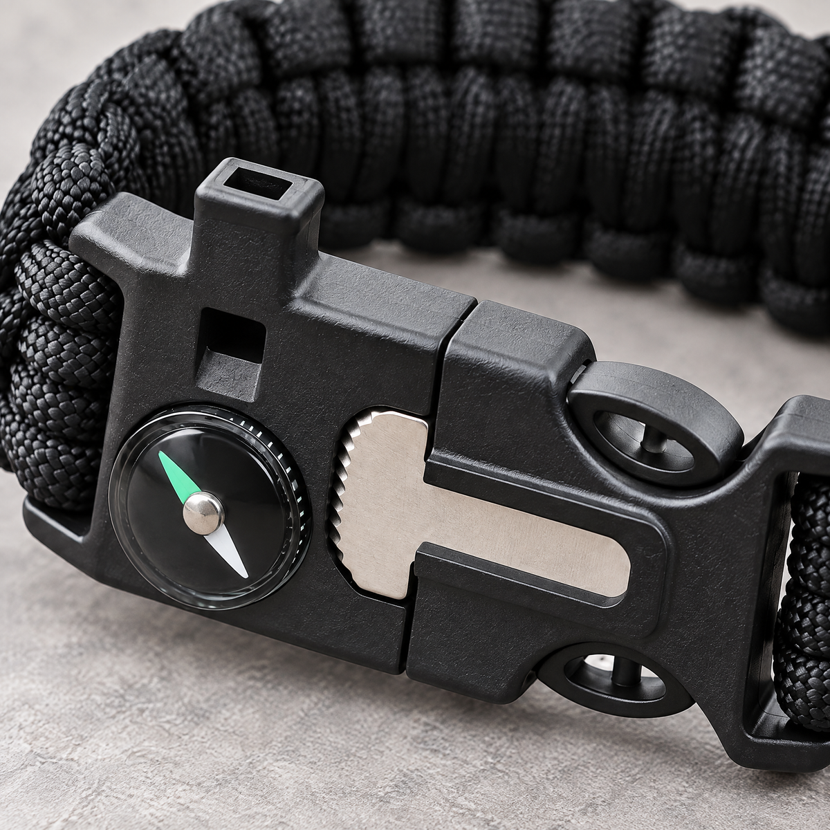TrailKnot buckle compass and fire starter close-up