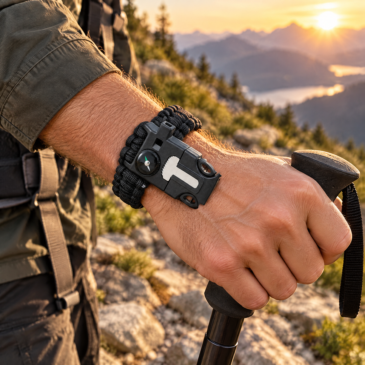 Hiker wearing a TrailKnot bracelet on a mountain trail