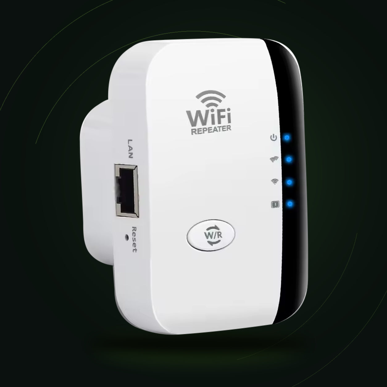 Wi-Fi repeater with LAN port, W/R button and blue status indicators