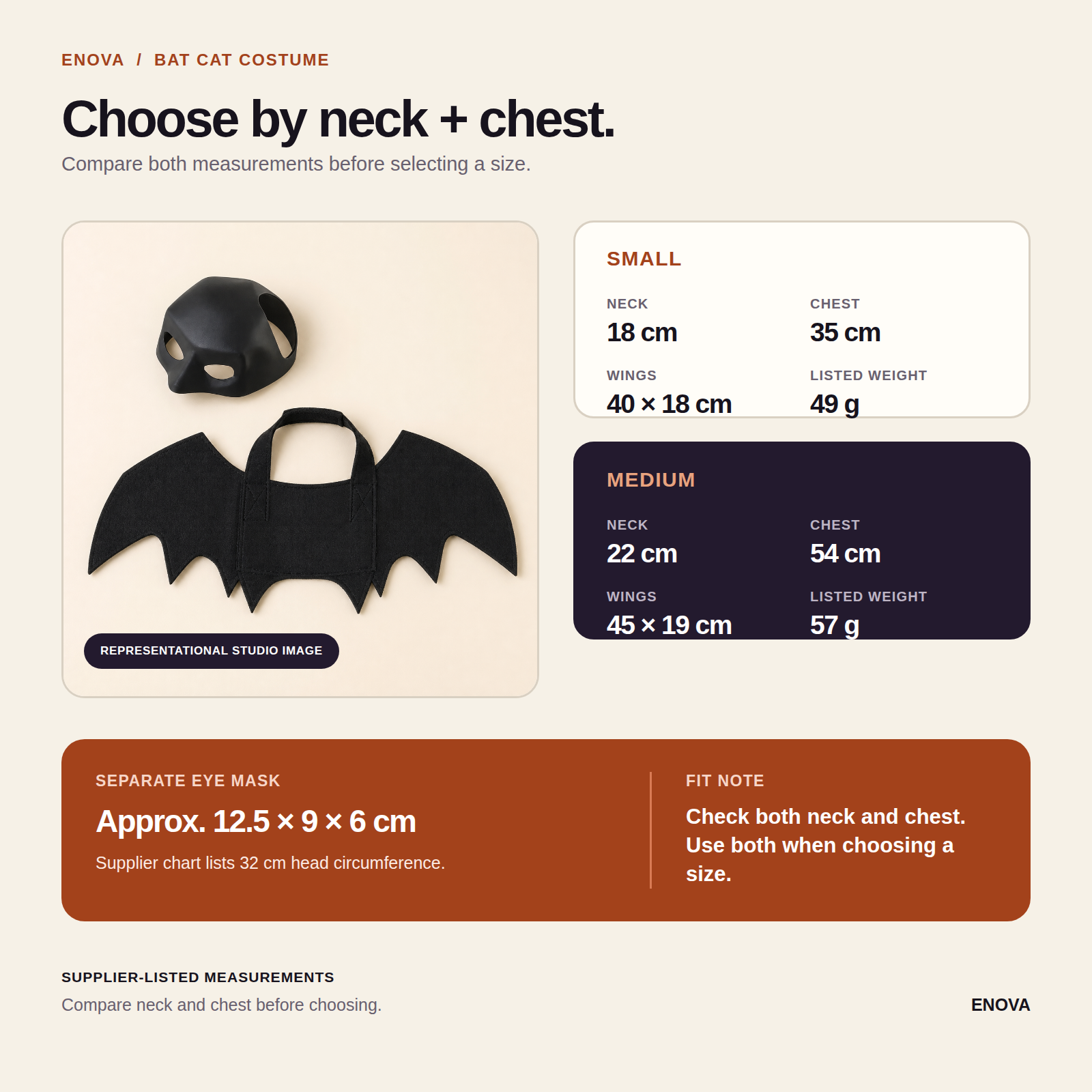 Enova Bat Cat Costume supplier-listed fit guide for Small and Medium